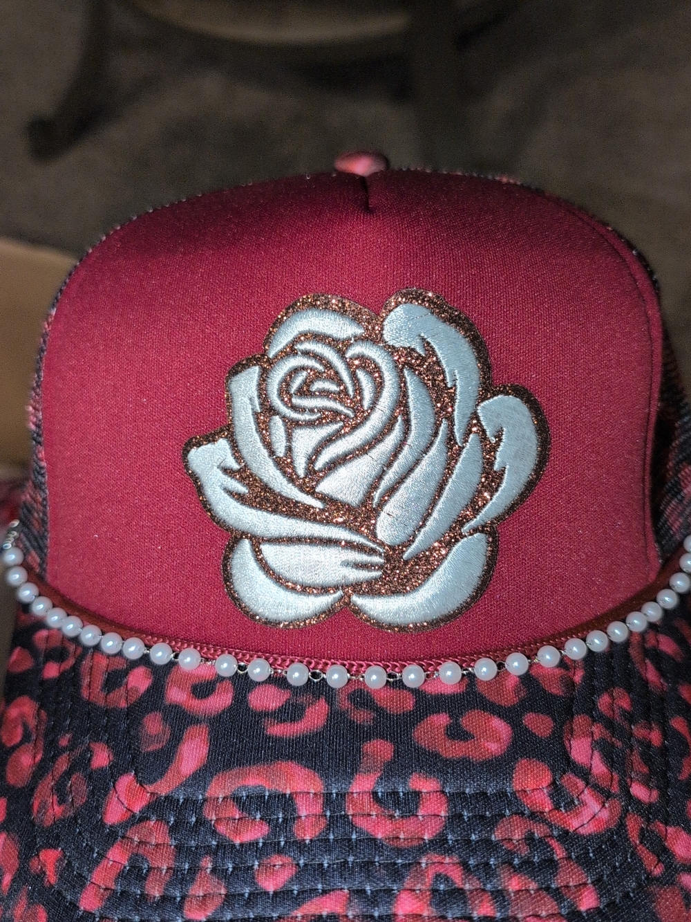 Women's Pink Rose Embroidered Cap with Pearl Trim